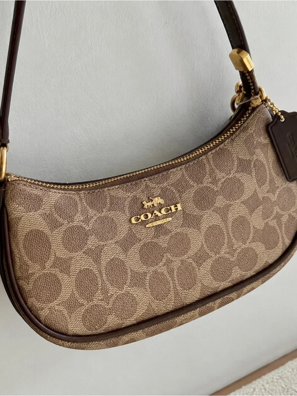 Coach Brown Signature Canvas Mini Shoulder Bag with Gold Hardware